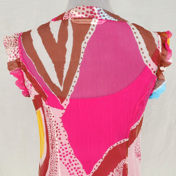 Diane Von Furstenberg Top Womens 10 Pink Yellow Silk Blouse Chiffon Ruffle Front - Picture 10 of 16